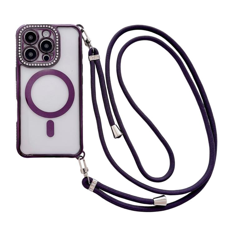 Coque de téléphone magnétique en acrylique clair électroplaqué avec strass et lanière bandoulière côté droit, pour iPhone 17 Pro Max, iPhone 17 Pro, iPhone 17, iPhone Air, iPhone 16 Pro Max, iPhone 16 Pro, iPhone 16 Plus, iPhone 16