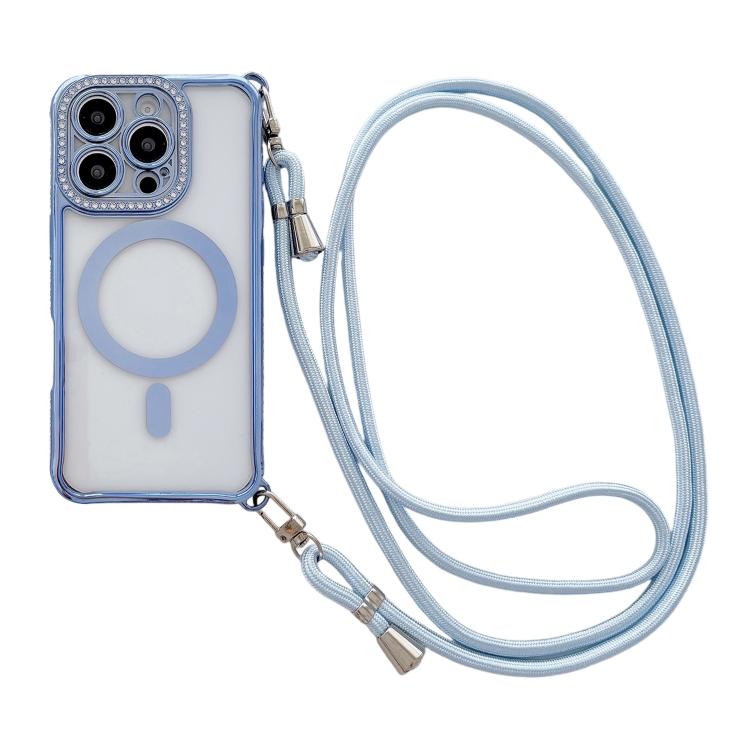 Coque de téléphone magnétique en acrylique clair électroplaqué avec strass et lanière bandoulière côté droit, pour iPhone 17 Pro Max, iPhone 17 Pro, iPhone 17, iPhone Air, iPhone 16 Pro Max, iPhone 16 Pro, iPhone 16 Plus, iPhone 16