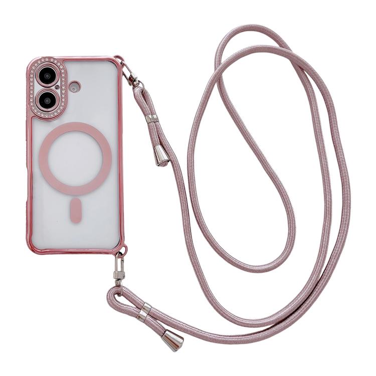 Coque de téléphone magnétique en acrylique clair électroplaqué avec strass et lanière bandoulière côté droit, pour iPhone 17 Pro Max, iPhone 17 Pro, iPhone 17, iPhone Air, iPhone 16 Pro Max, iPhone 16 Pro, iPhone 16 Plus, iPhone 16