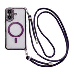 Coque de téléphone magnétique en acrylique clair électroplaqué avec strass et lanière bandoulière côté droit, pour iPhone 17 Pro Max, iPhone 17 Pro, iPhone 17, iPhone Air, iPhone 16 Pro Max, iPhone 16 Pro, iPhone 16 Plus, iPhone 16