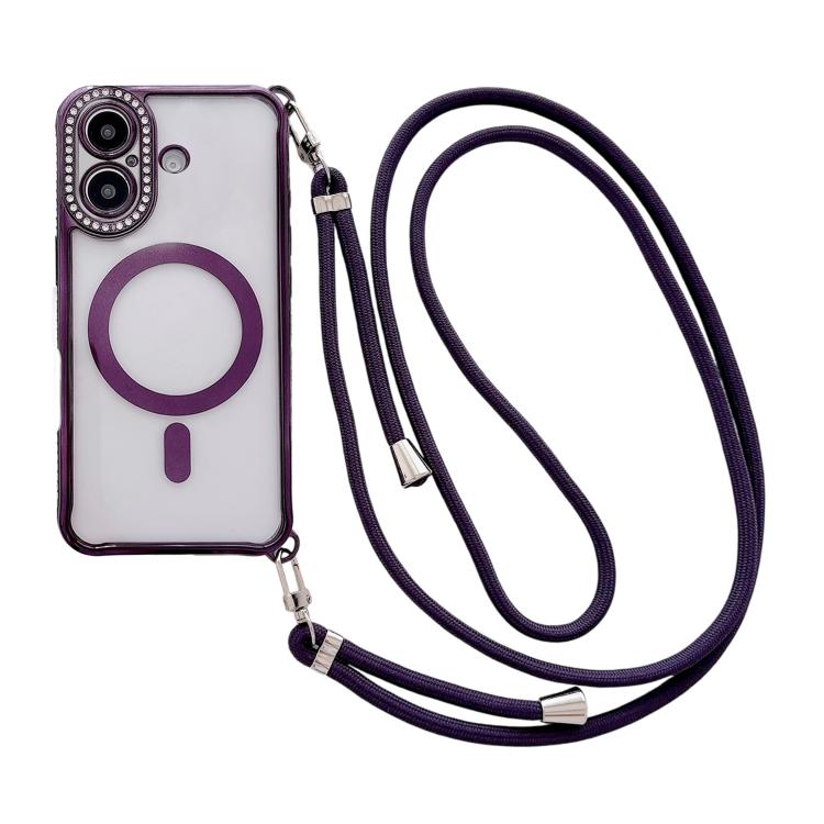 Coque de téléphone magnétique en acrylique clair électroplaqué avec strass et lanière bandoulière côté droit, pour iPhone 17 Pro Max, iPhone 17 Pro, iPhone 17, iPhone Air, iPhone 16 Pro Max, iPhone 16 Pro, iPhone 16 Plus, iPhone 16