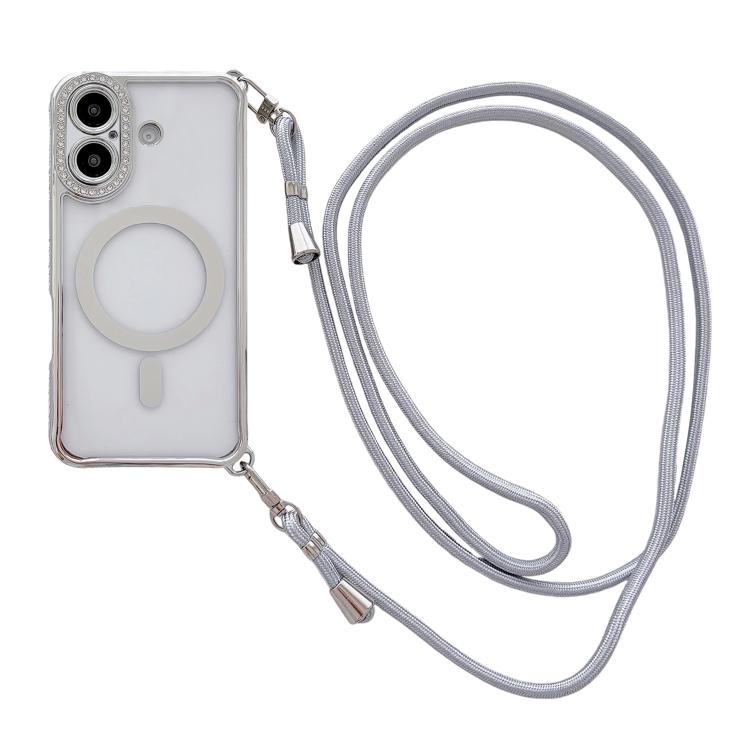 Coque de téléphone magnétique en acrylique clair électroplaqué avec strass et lanière bandoulière côté droit, pour iPhone 17 Pro Max, iPhone 17 Pro, iPhone 17, iPhone Air, iPhone 16 Pro Max, iPhone 16 Pro, iPhone 16 Plus, iPhone 16