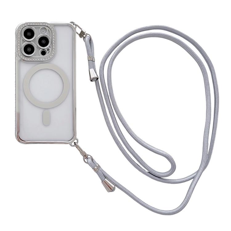 Coque de téléphone magnétique en acrylique clair électroplaqué avec strass et lanière bandoulière côté droit, pour iPhone 17 Pro Max, iPhone 17 Pro, iPhone 17, iPhone Air, iPhone 16 Pro Max, iPhone 16 Pro, iPhone 16 Plus, iPhone 16