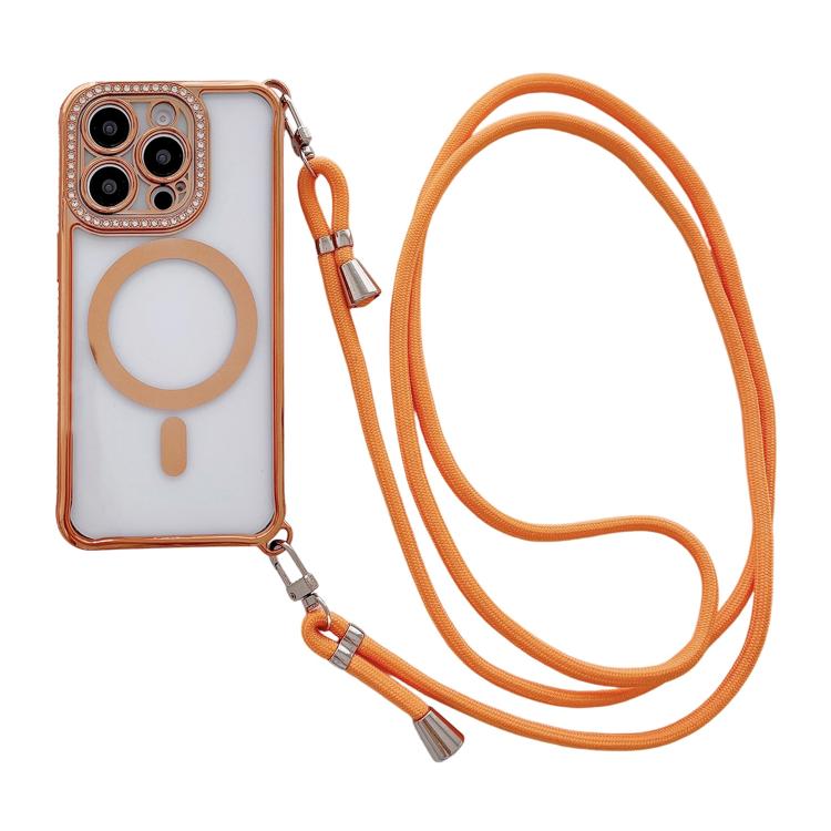 Coque de téléphone magnétique en acrylique clair électroplaqué avec strass et lanière bandoulière côté droit, pour iPhone 17 Pro Max, iPhone 17 Pro, iPhone 17, iPhone Air, iPhone 16 Pro Max, iPhone 16 Pro, iPhone 16 Plus, iPhone 16