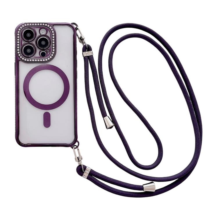 Coque de téléphone magnétique en acrylique clair électroplaqué avec strass et lanière bandoulière côté droit, pour iPhone 17 Pro Max, iPhone 17 Pro, iPhone 17, iPhone Air, iPhone 16 Pro Max, iPhone 16 Pro, iPhone 16 Plus, iPhone 16