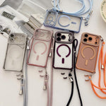 Coque de téléphone magnétique en acrylique clair électroplaqué avec strass et lanière bandoulière côté droit, pour iPhone 17 Pro Max, iPhone 17 Pro, iPhone 17, iPhone Air, iPhone 16 Pro Max, iPhone 16 Pro, iPhone 16 Plus, iPhone 16
