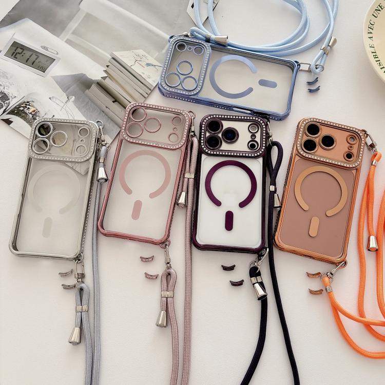 Coque de téléphone magnétique en acrylique clair électroplaqué avec strass et lanière bandoulière côté droit, pour iPhone 17 Pro Max, iPhone 17 Pro, iPhone 17, iPhone Air, iPhone 16 Pro Max, iPhone 16 Pro, iPhone 16 Plus, iPhone 16