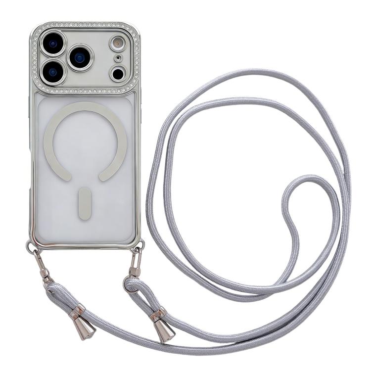Rhinestone Clear Acrylic Electroplated Magnetic Phone Case with Neck Lanyard, For iPhone 17 Pro Max, For iPhone 17 Pro, For iPhone 17, For iPhone Air, For iPhone 16 Pro Max, For iPhone 16 Pro, For iPhone 16 Plus, For iPhone 16, For iPhone 15 Pro Max