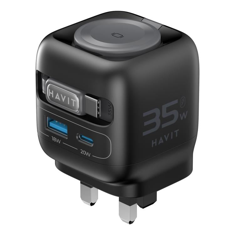 Chargeur de voyage 3 en 1 GaN Havit UC250 35W avec câble rétractable Type-C, UC250 (prise UK)