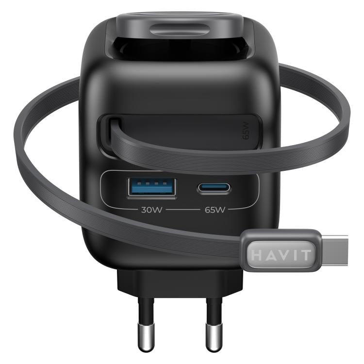 Chargeur de voyage Havit UC252 65W 3 en 1 GaN avec câble rétractable Type-C, UC252 (prise EU), UC252 (prise US)