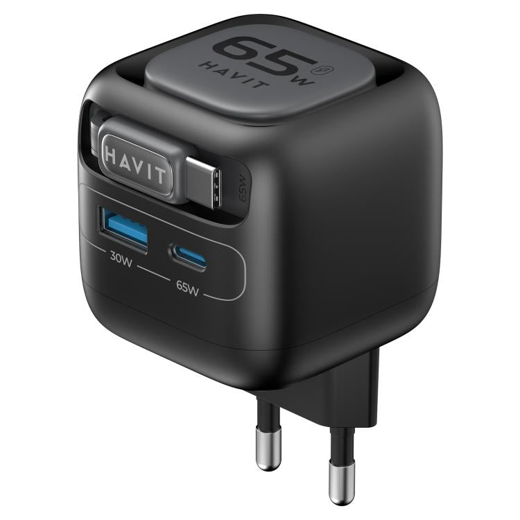 Chargeur de voyage Havit UC253 65W 3 en 1 GaN avec câble rétractable Type-C, UC253 (prise EU)