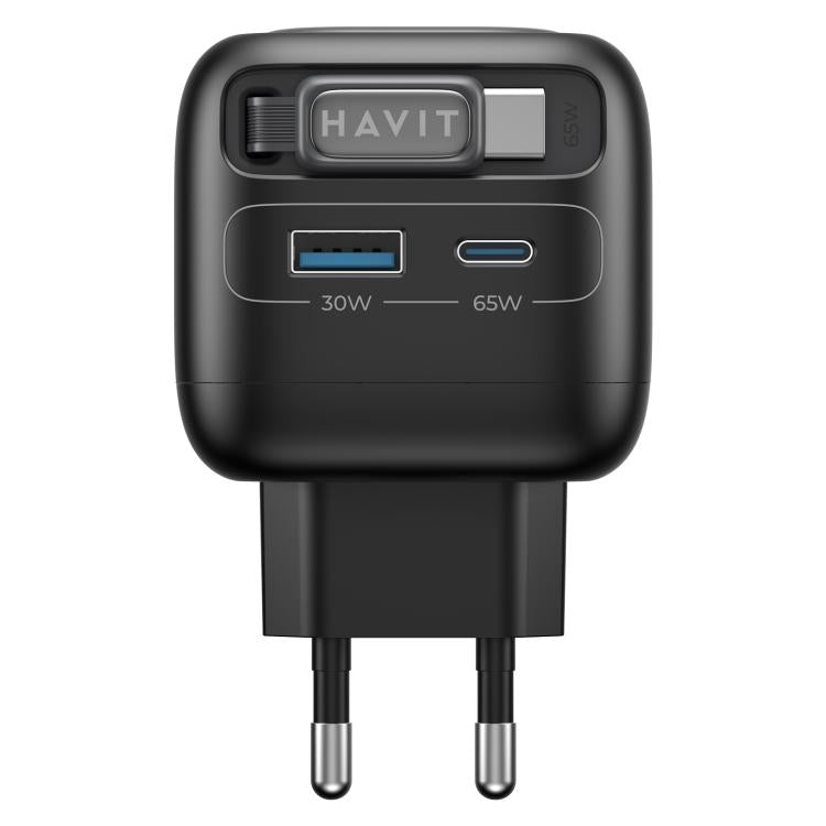 Chargeur de voyage Havit UC253 65W 3 en 1 GaN avec câble rétractable Type-C, UC253 (prise EU)