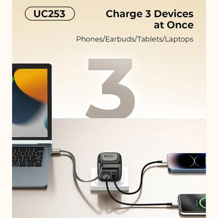 Chargeur de voyage Havit UC253 65W 3 en 1 GaN avec câble rétractable Type-C, UC253 (prise EU)