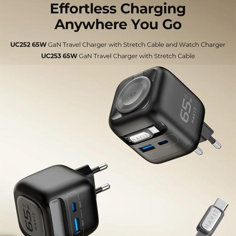 Chargeur de voyage Havit UC253 65W 3 en 1 GaN avec câble rétractable Type-C, UC253 (prise EU)