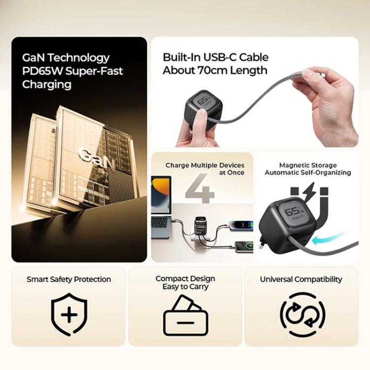 Chargeur de voyage Havit UC253 65W 3 en 1 GaN avec câble rétractable Type-C, UC253 (prise EU)
