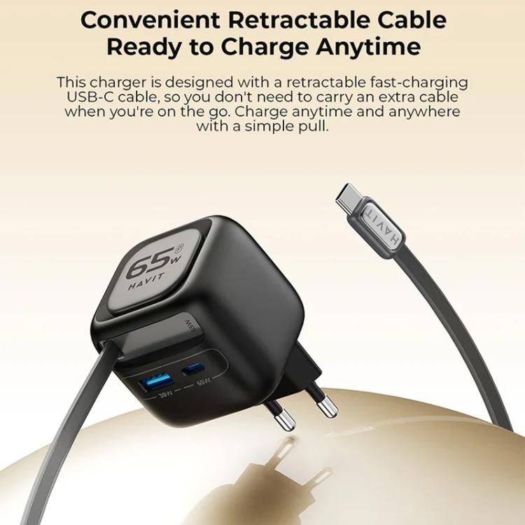 Chargeur de voyage Havit UC253 65W 3 en 1 GaN avec câble rétractable Type-C, UC253 (prise EU)