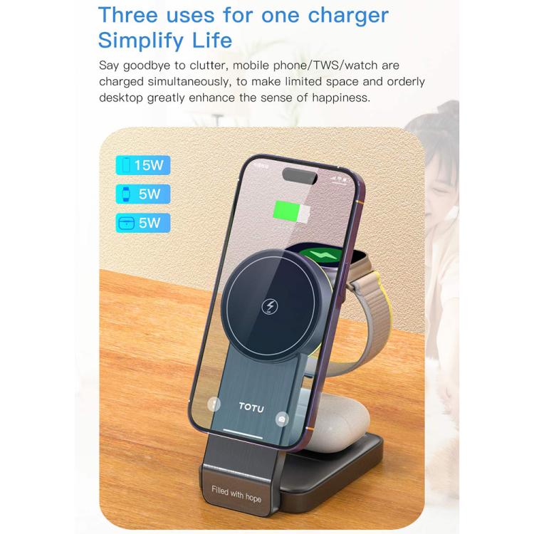Chargeur sans fil magnétique 3 en 1 TOTU CW-1-W pour téléphone, écouteurs et montre, CW-1-W