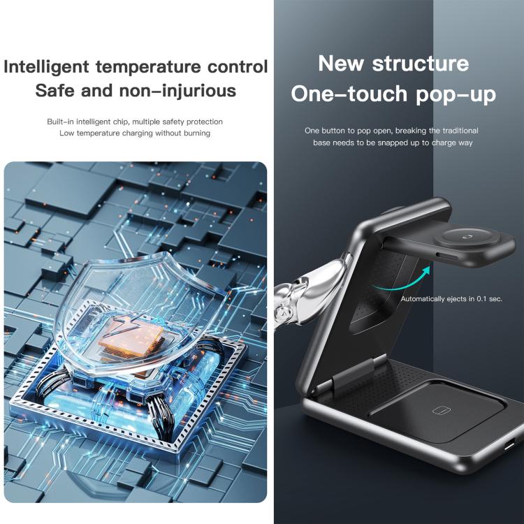 TOTU CW-4-W Wireless Charging Station 3 in 1 Magnetic Folding Charger Stand for Phone Watch Earbuds, CW-4-W