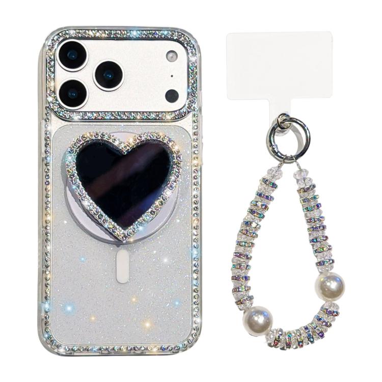 Sparkling IMD Heart-Shaped Mirror Magnetic Phone Case with Bracelet, For iPhone 17 Pro Max, For iPhone 17 Pro, For iPhone 17, For iPhone Air, For iPhone 16 Pro Max, For iPhone 16 Pro, For iPhone 16, For iPhone 15 Pro Max