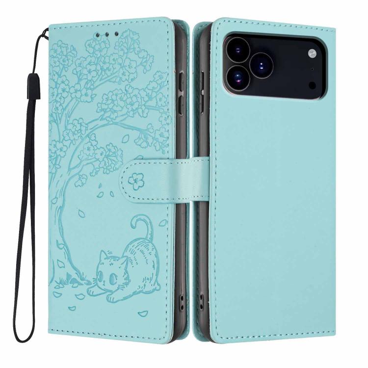 Étui de téléphone en cuir végétalien gaufré chat arbre avec rabat, pour iPhone 17e / 16e, pour iPhone 17 Pro Max, pour iPhone 17 Pro, pour iPhone 17, pour iPhone Air, pour iPhone 16 Pro Max