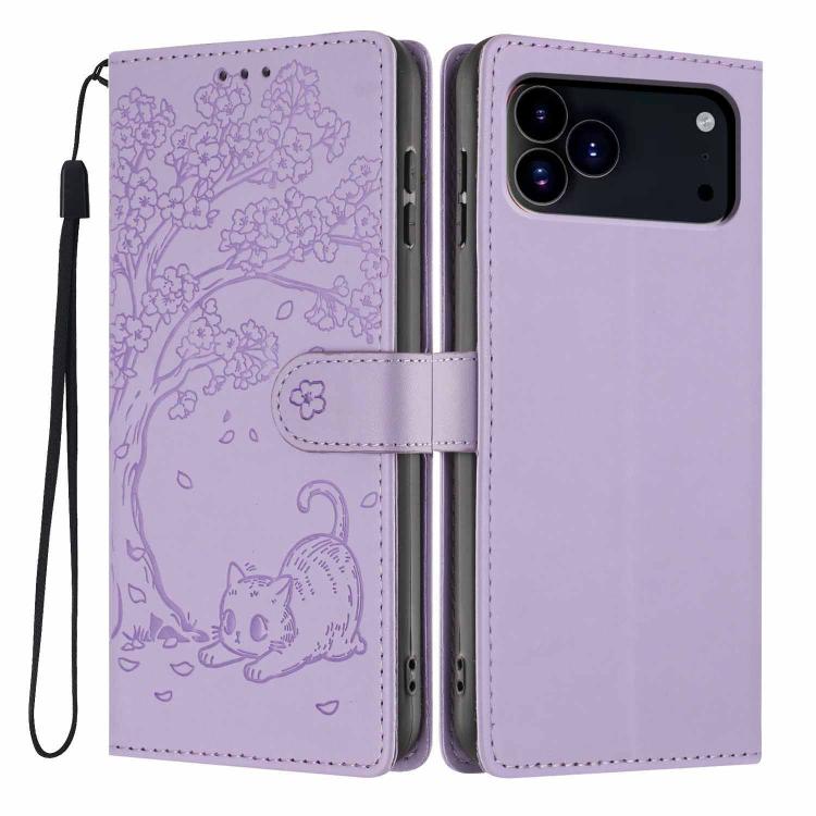 Étui de téléphone en cuir végétalien gaufré chat arbre avec rabat, pour iPhone 17e / 16e, pour iPhone 17 Pro Max, pour iPhone 17 Pro, pour iPhone 17, pour iPhone Air, pour iPhone 16 Pro Max