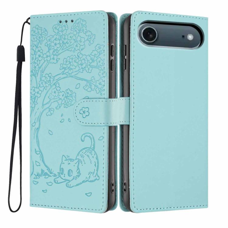 Étui de téléphone en cuir végétalien gaufré chat arbre avec rabat, pour iPhone 17e / 16e, pour iPhone 17 Pro Max, pour iPhone 17 Pro, pour iPhone 17, pour iPhone Air, pour iPhone 16 Pro Max