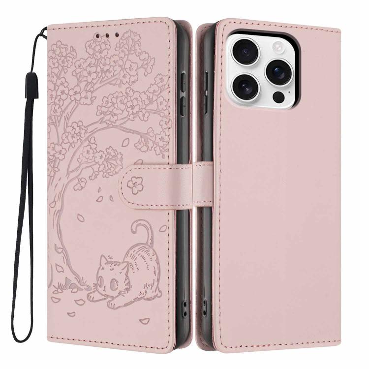 Étui de téléphone en cuir vegan gaufré chat arbre, pour iPhone 16 Pro, pour iPhone 16 Plus, pour iPhone 16, pour iPhone 15 Pro Max, pour iPhone 15 Pro, pour iPhone 15 Plus