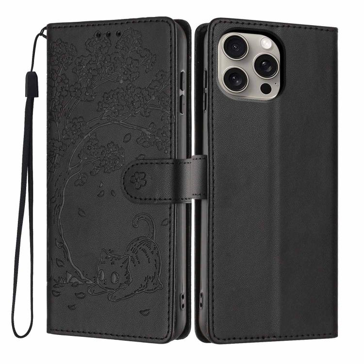 Étui de téléphone en cuir vegan gaufré chat arbre, pour iPhone 16 Pro, pour iPhone 16 Plus, pour iPhone 16, pour iPhone 15 Pro Max, pour iPhone 15 Pro, pour iPhone 15 Plus