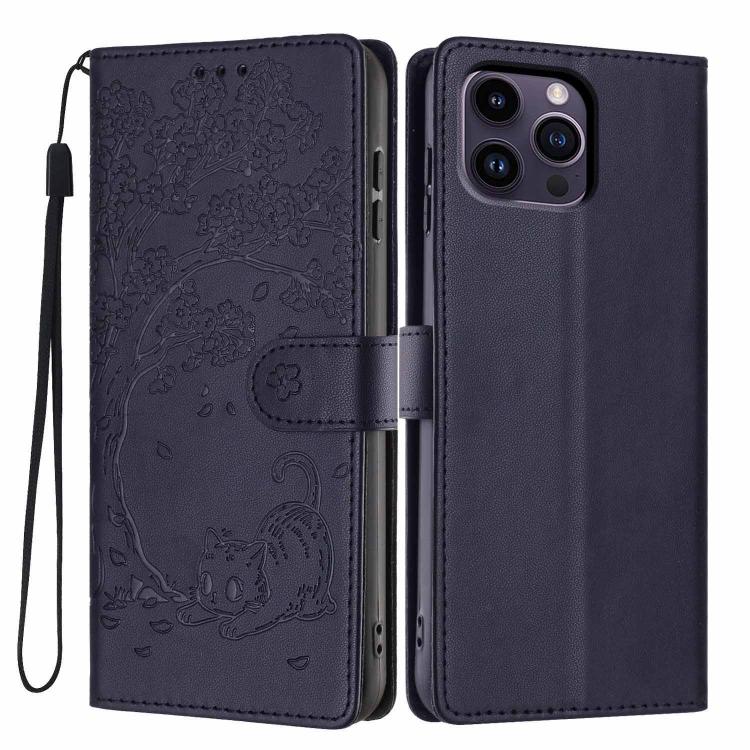 Tree Cat Embossed Flip Vegan Leather Phone Case, For iPhone 14 Pro Max, For iPhone 13 Pro Max, For iPhone 13 Pro, For iPhone 13, For iPhone 12 Pro Max, For iPhone 12 / 12 Pro