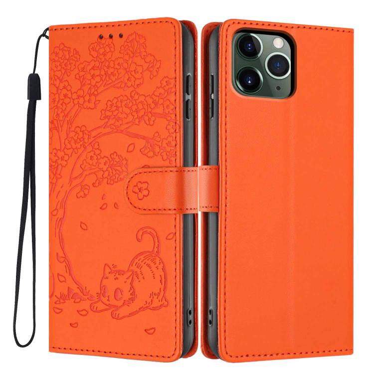 Étui de téléphone en cuir végétalien gaufré chat arbre, pour iPhone 11 Pro