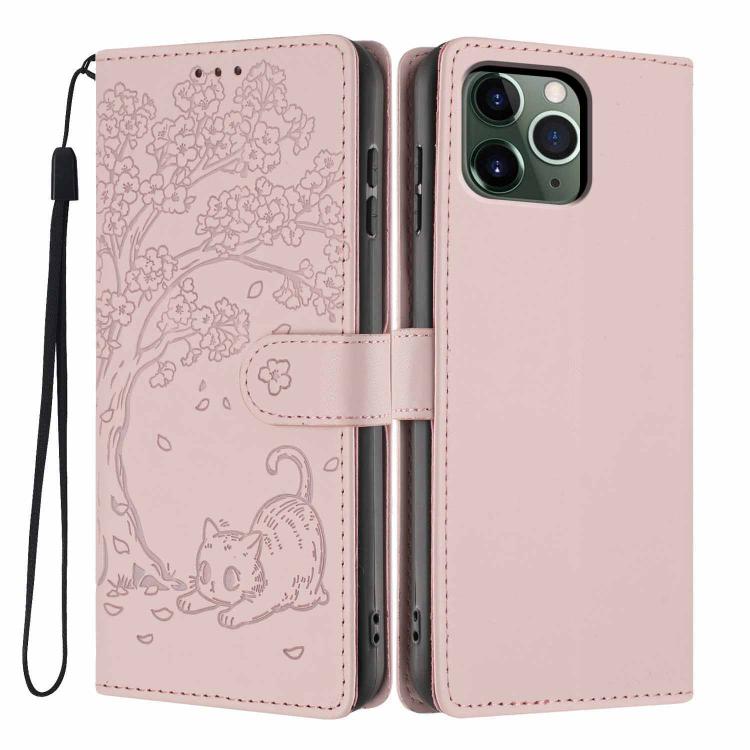 Étui de téléphone en cuir végétalien gaufré chat arbre, pour iPhone 11 Pro