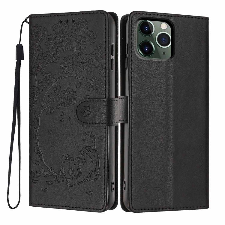 Étui de téléphone en cuir végétalien gaufré chat arbre, pour iPhone 11 Pro