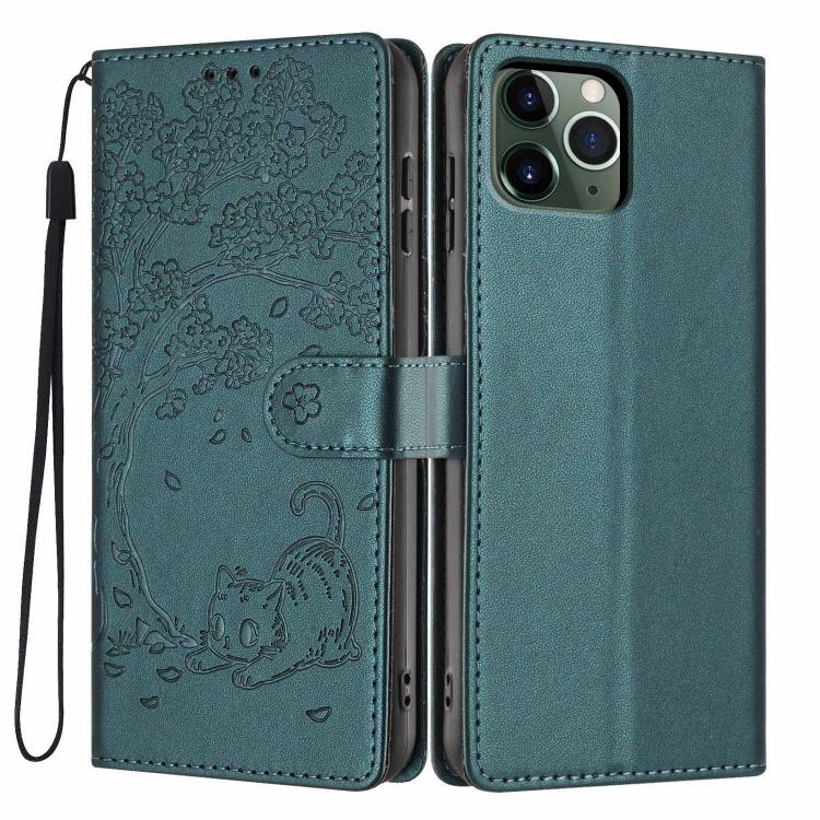 Étui de téléphone en cuir végétalien gaufré chat arbre, pour iPhone 11 Pro