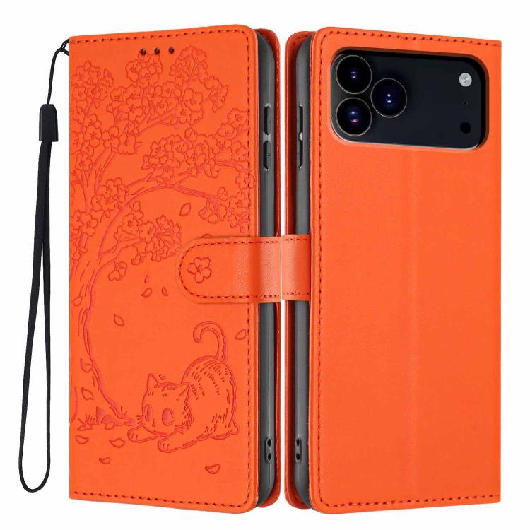 Étui de téléphone en cuir végétalien gaufré chat arbre avec rabat, pour iPhone 17e / 16e, pour iPhone 17 Pro Max, pour iPhone 17 Pro, pour iPhone 17, pour iPhone Air, pour iPhone 16 Pro Max