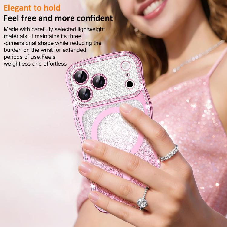 Coque de téléphone magnétique scintillante en TPU à cadre ondulé avec diamant électrolytique, Pour iPhone 17 Pro Max, Pour iPhone 17 Pro, Pour iPhone 17, Pour iPhone 16 Pro Max, Pour iPhone 16 Pro, Pour iPhone 16