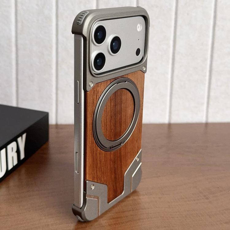 Étui de téléphone magnétique sans cadre en métal avec support rotatif à 360° en noyer blindé, pour iPhone 17 Pro Max, pour iPhone 17 Pro