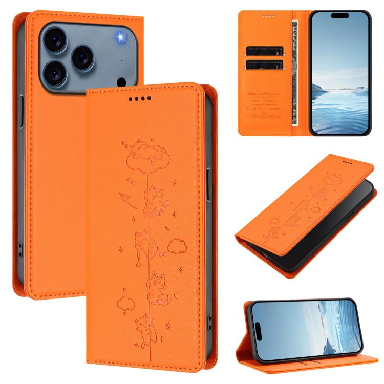 Étui de téléphone en cuir végétalien magnétique RFID gaufré chats mignons, pour iPhone 17e / 16e, pour iPhone 17 Pro Max, pour iPhone 17 Pro, pour iPhone 17