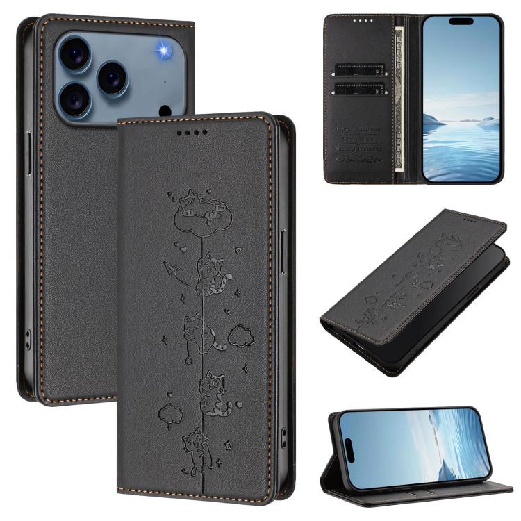 Étui de téléphone en cuir végétalien magnétique RFID gaufré chats mignons, pour iPhone 17e / 16e, pour iPhone 17 Pro Max, pour iPhone 17 Pro, pour iPhone 17