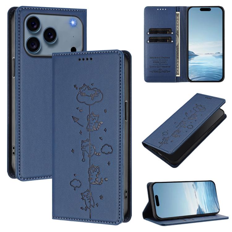 Étui de téléphone en cuir végétalien magnétique RFID gaufré chats mignons, pour iPhone 17e / 16e, pour iPhone 17 Pro Max, pour iPhone 17 Pro, pour iPhone 17