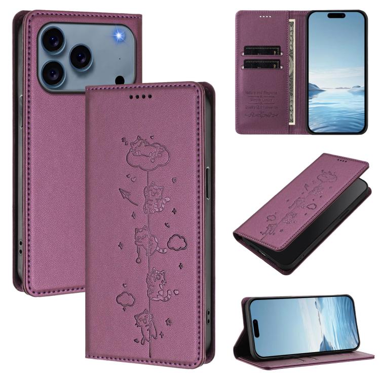 Étui de téléphone en cuir végétalien magnétique RFID gaufré chats mignons, pour iPhone 17e / 16e, pour iPhone 17 Pro Max, pour iPhone 17 Pro, pour iPhone 17