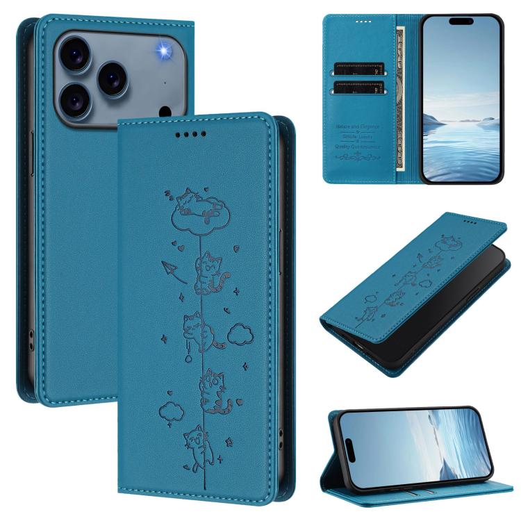Étui de téléphone en cuir végétalien magnétique RFID gaufré chats mignons, pour iPhone 17e / 16e, pour iPhone 17 Pro Max, pour iPhone 17 Pro, pour iPhone 17