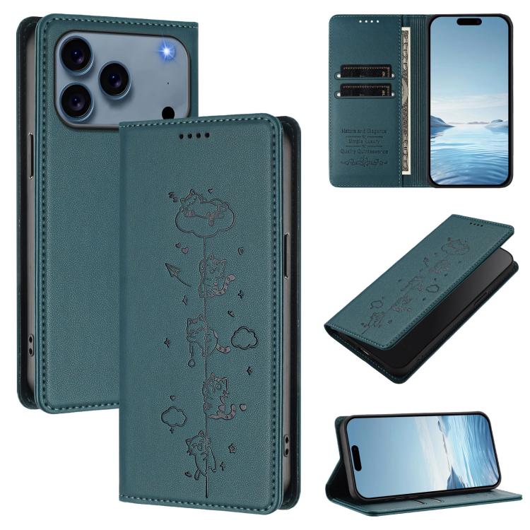 Étui de téléphone en cuir végétalien magnétique RFID gaufré chats mignons, pour iPhone 17e / 16e, pour iPhone 17 Pro Max, pour iPhone 17 Pro, pour iPhone 17
