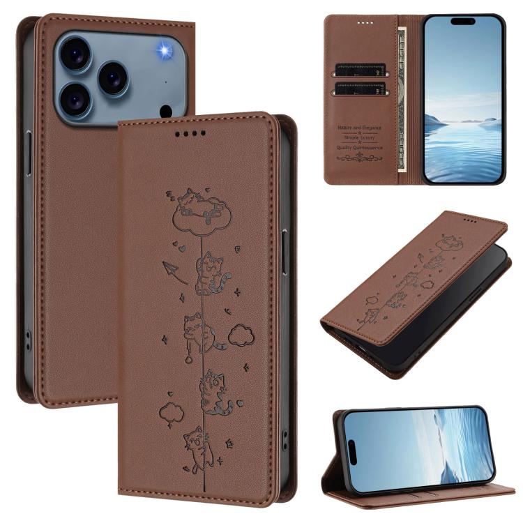 Étui de téléphone en cuir végétalien magnétique RFID gaufré chats mignons, pour iPhone 17e / 16e, pour iPhone 17 Pro Max, pour iPhone 17 Pro, pour iPhone 17