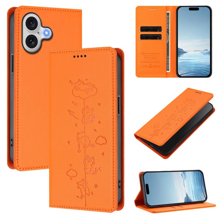 Étui de téléphone en cuir végétalien magnétique RFID gaufré chats mignons, pour iPhone 17e / 16e, pour iPhone 17 Pro Max, pour iPhone 17 Pro, pour iPhone 17