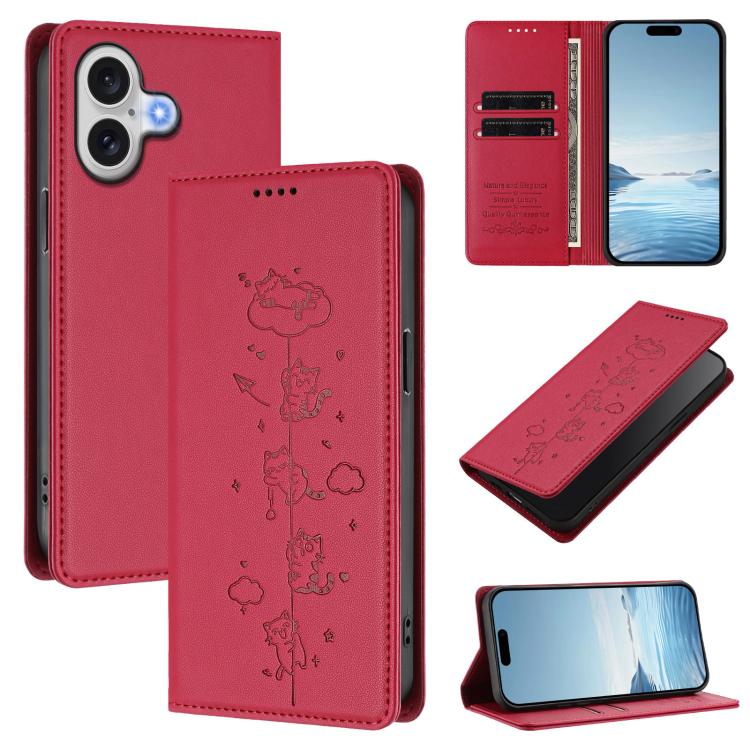 Étui de téléphone en cuir végétalien magnétique RFID gaufré chats mignons, pour iPhone 17e / 16e, pour iPhone 17 Pro Max, pour iPhone 17 Pro, pour iPhone 17