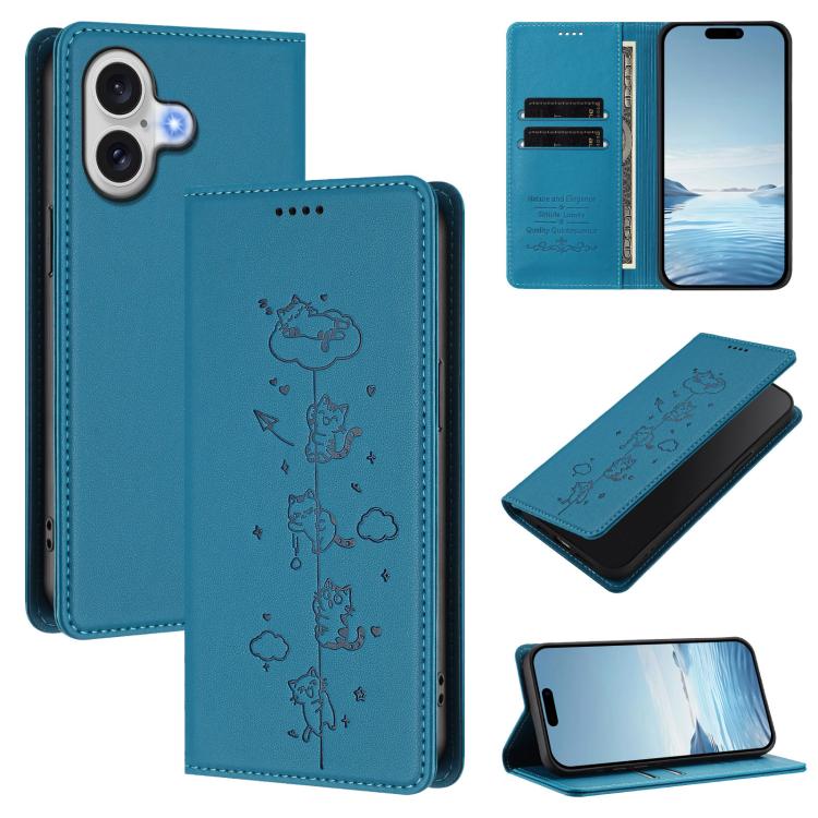 Étui de téléphone en cuir végétalien magnétique RFID gaufré chats mignons, pour iPhone 17e / 16e, pour iPhone 17 Pro Max, pour iPhone 17 Pro, pour iPhone 17