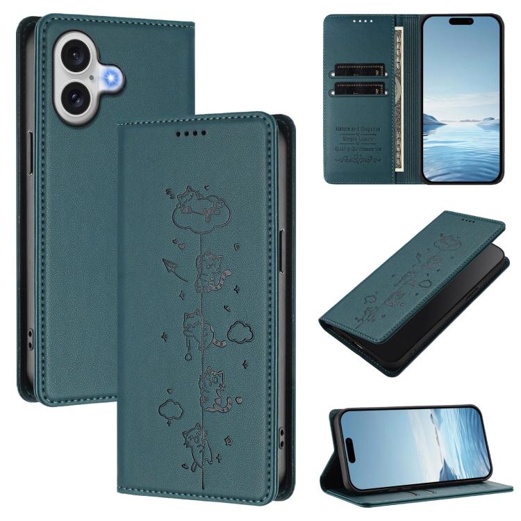 Étui de téléphone en cuir végétalien magnétique RFID gaufré chats mignons, pour iPhone 17e / 16e, pour iPhone 17 Pro Max, pour iPhone 17 Pro, pour iPhone 17