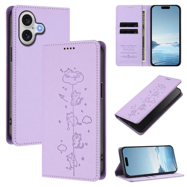 Étui de téléphone en cuir végétalien magnétique RFID gaufré chats mignons, pour iPhone 17e / 16e, pour iPhone 17 Pro Max, pour iPhone 17 Pro, pour iPhone 17