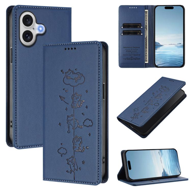 Étui de téléphone en cuir végétalien magnétique RFID gaufré chats mignons, pour iPhone 17e / 16e, pour iPhone 17 Pro Max, pour iPhone 17 Pro, pour iPhone 17