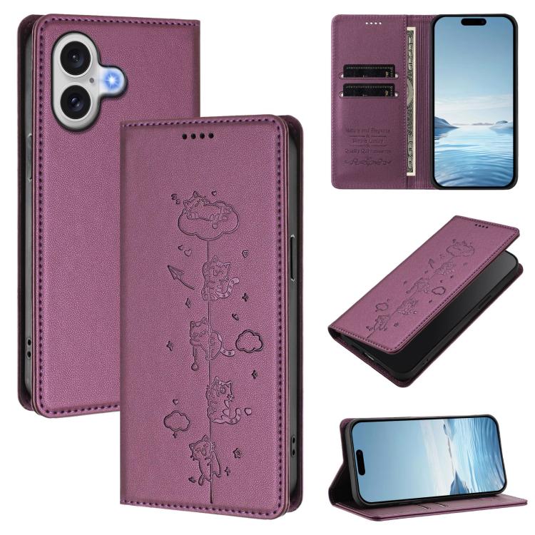 Étui de téléphone en cuir végétalien magnétique RFID gaufré chats mignons, pour iPhone 17e / 16e, pour iPhone 17 Pro Max, pour iPhone 17 Pro, pour iPhone 17